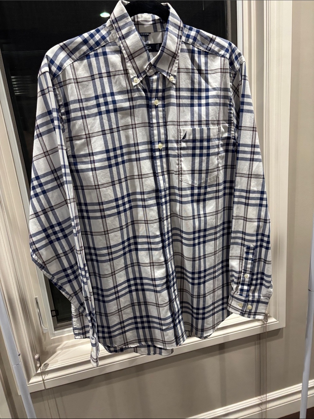 Nautica White and Blue Plaid Long-Sleeve Button-Down Shirt